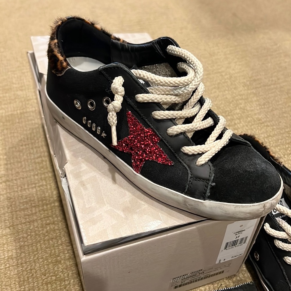 Golden Goose Superstar 37 Black with Glitter Star & Leopard